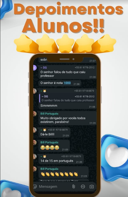 Print da conversa no WhatsApp com o depoimento de um aluno da Meta Cursos.