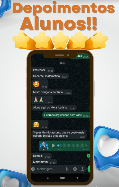 Print da conversa no WhatsApp com o depoimento de um aluno da Meta Cursos.